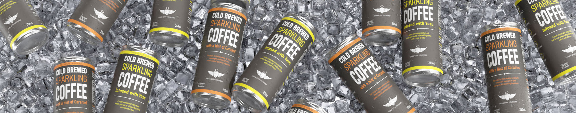 Dark City Foundry cold brew sparkling cans on ice. in image both yuzu and caramel flavours