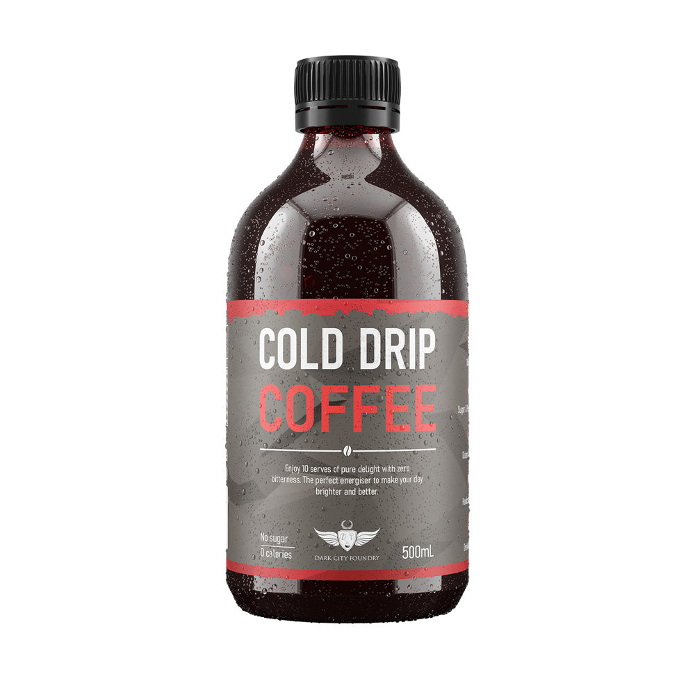 bottle of cold drip coffee with droplets of water as it came straight out of the fridge