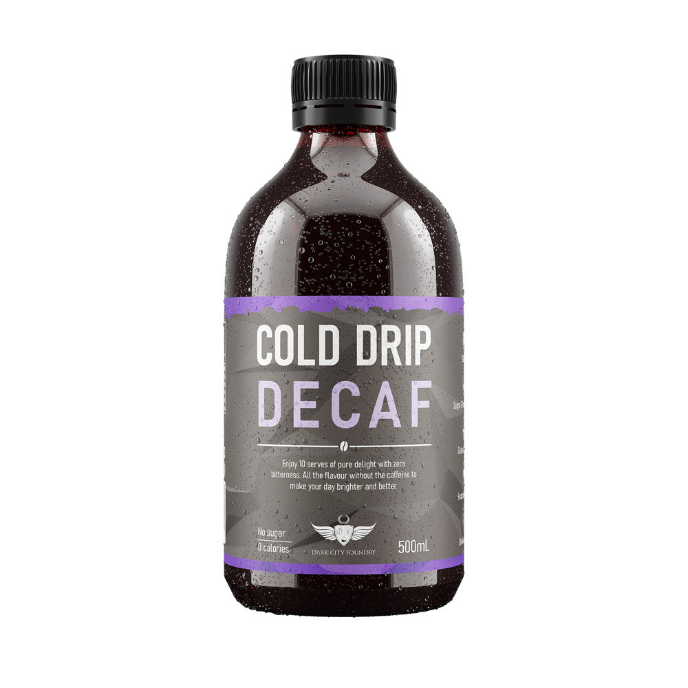 500ml bottle of decaf cold drip coffee with water  droplets as it is straight from the fridge
