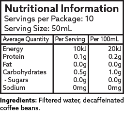 nutritional panel for Dark City Foundry decaf cold drip coffee. 500ml bottle label.